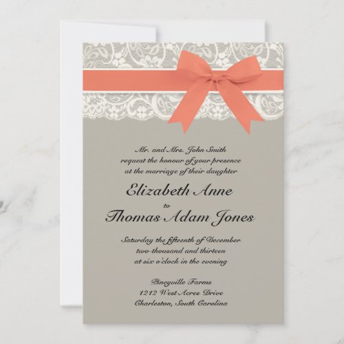 Lace Ribbon Gray and Coral Wedding Invitation