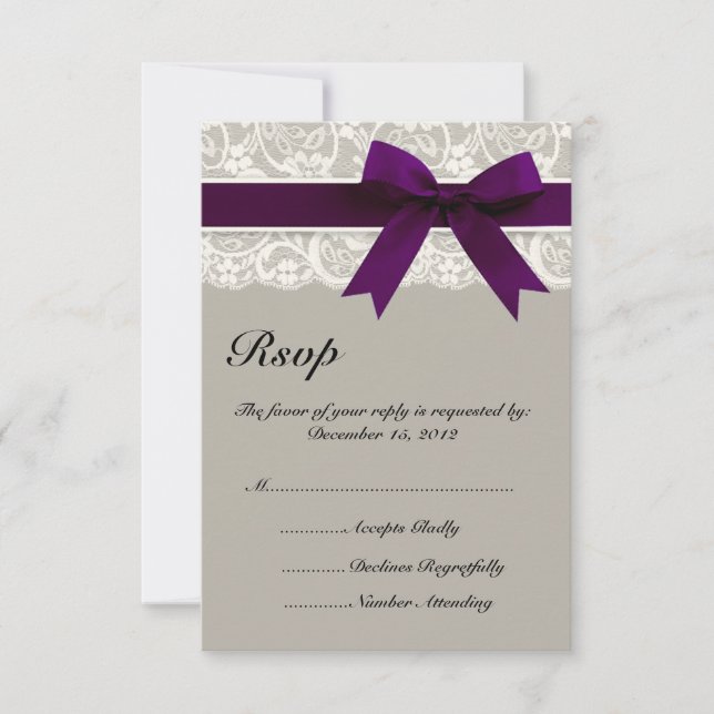 Lace Ribbon Gray and Plum RSVP Card (Front)