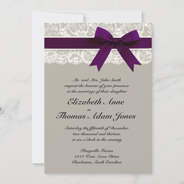 Lace Ribbon Gray and Plum Wedding Invitation (Front)