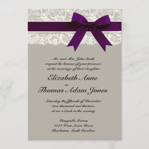 Lace Ribbon Gray and Plum Wedding Invitation