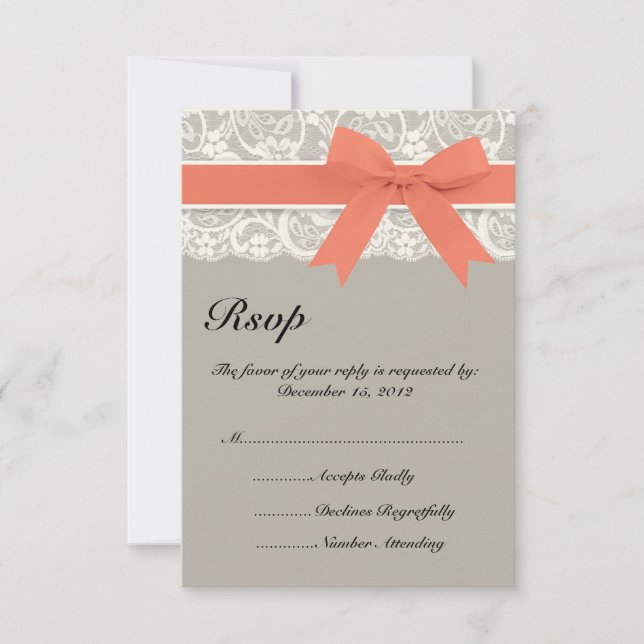 Lace Ribbon Gray Coral Wedding RSVP Card (Front)