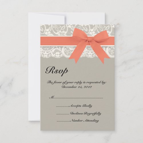 Lace Ribbon Gray Coral Wedding RSVP Card