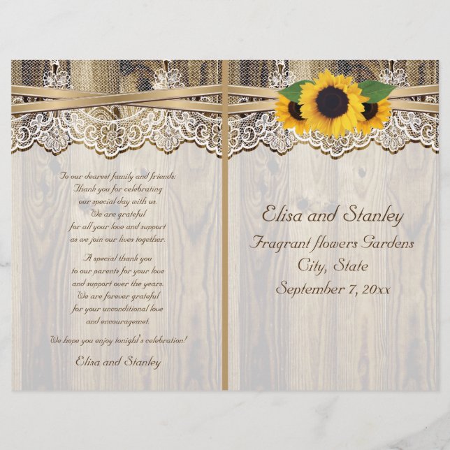 Lace ribbon & sunflowers on wood wedding program (Front)