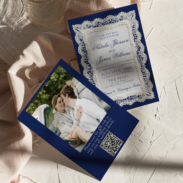 Lace Royale Blue Old Money Photo QR Code Wedding  Invitation (Creator Uploaded)