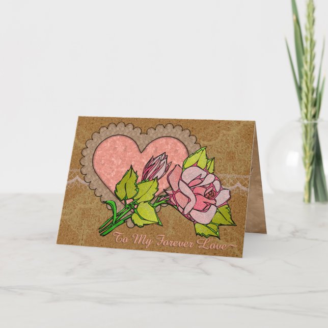 Lace, Ruffled Heart, Textured Rose (Personalized) Holiday Card (Front)