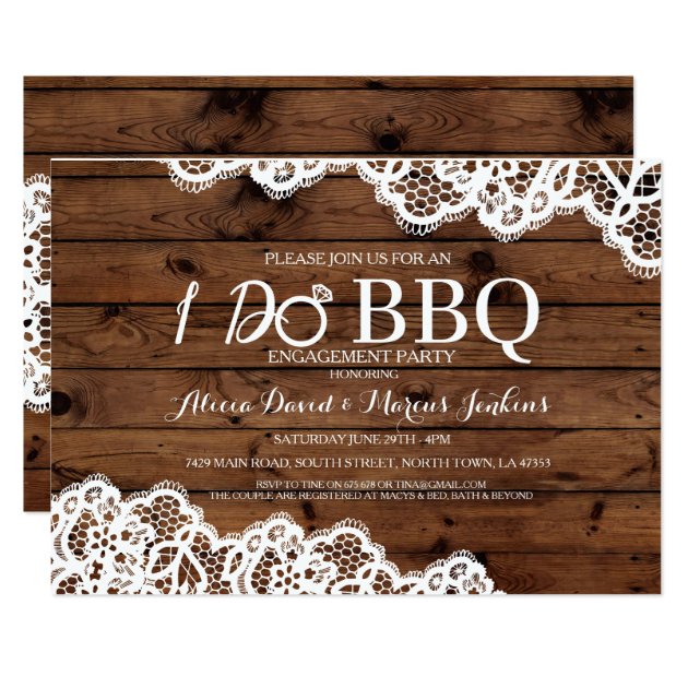 Lace Rustic Wood I DO BBQ Engagement Party Invite