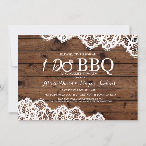 Lace Rustic Wood I DO BBQ Engagement Party Invite