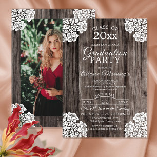 Lace Rustic Wood Photo College Graduation Party Invitation