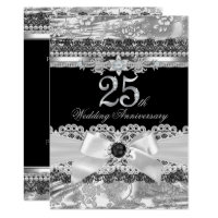 Lace & Silver Pearl Bow 25th Anniversary Invite