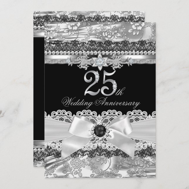 Lace & Silver Pearl Bow 25th Anniversary Invite (Front/Back)