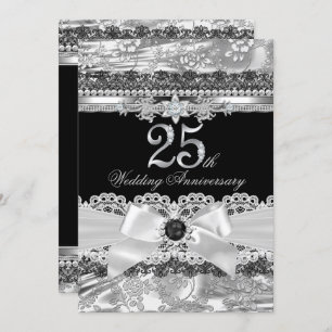 Lace & Silver Pearl Bow 25th Anniversary Invite