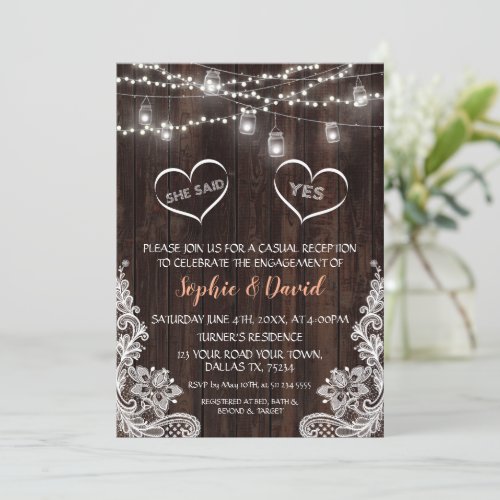 Lace String Lights Wood She Said Yes Engagement Invitation