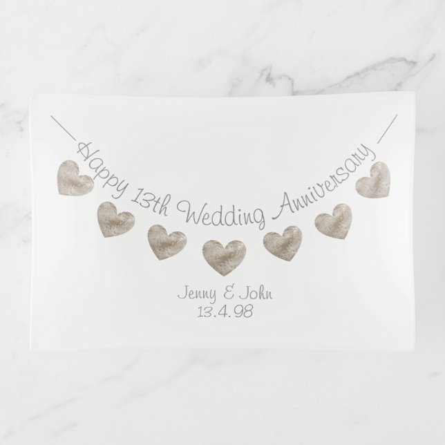 Lace style bunting, happy 13th Wedding Anniversary Trinket Tray (Front)