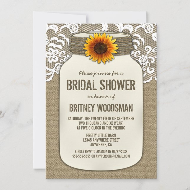Lace Sunflower Mason Jar Bridal Shower Invitations (Front)