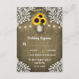 Lace Sunflower Mason Jar Wedding RSVP Cards