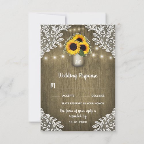 Lace Sunflower Mason Jar Wedding RSVP Cards