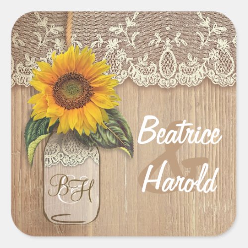 Lace Sunflower Wood and Mason Jar Rustic Square Sticker