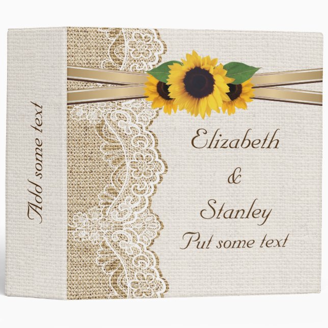 Lace sunflowers and burlap wedding planner binder (Front/Spine)