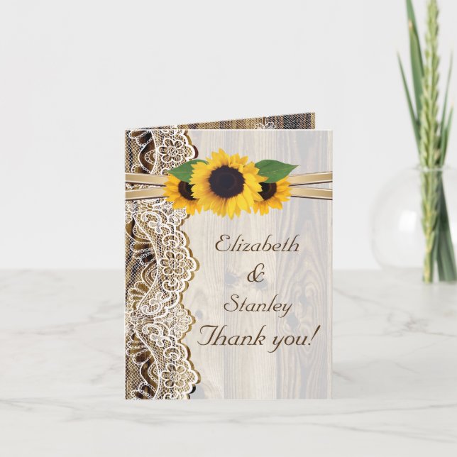 Lace, sunflowers and wood wedding Thank You (Front)