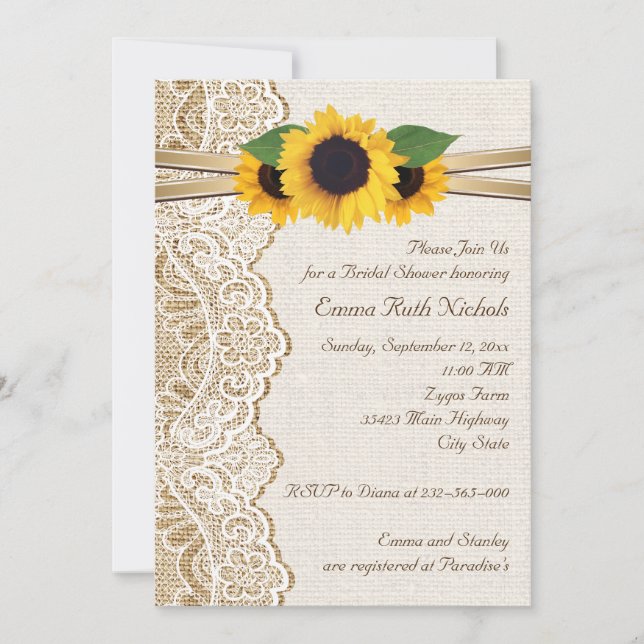 Lace & sunflowers on burlap wedding bridal shower invitation (Front)