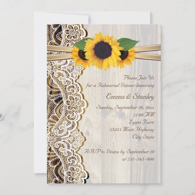 Lace & sunflowers on wood wedding rehearsal dinner invitation (Front)