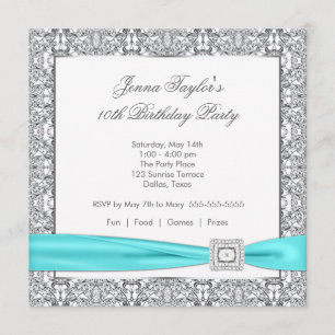 Lace Teal Blue Diamond Girls10th Birthday Party Invitation