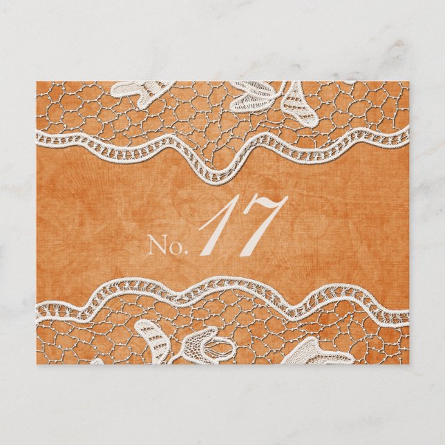 Lace Texture on Orange Tangerine Table Number Card (Front)