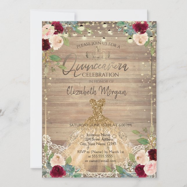  Lace,Tiara,Lights,Dress,Roses Wood Quinceañera  Invitation (Front)