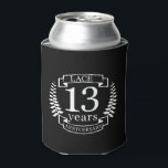 Lace Traditional wedding anniversary 13 years Can Cooler<br><div class="desc">A design to celebrate 13 years of marriage. This design has a white (traditional color) colored laurel design on a black background. Lace is the traditional gift for this occasion. The text reads Ivory 13 years anniversary. A romantic design to celebrate your 13th year of marriage. If you would like...</div>