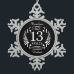 Lace Traditional wedding anniversary 13 years Snowflake Pewter Christmas Ornament<br><div class="desc">A design to celebrate 13 years of marriage. This design has a white (traditional color) colored laurel design on a black background. Lace is the traditional gift for this occasion. The text reads Ivory 13 years anniversary. A romantic design to celebrate your 13th year of marriage. If you would like...</div>