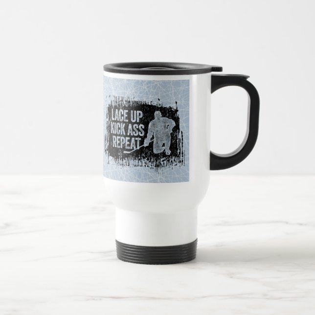 Lace Up. Repeat. (hockey) Travel Mug (Right)