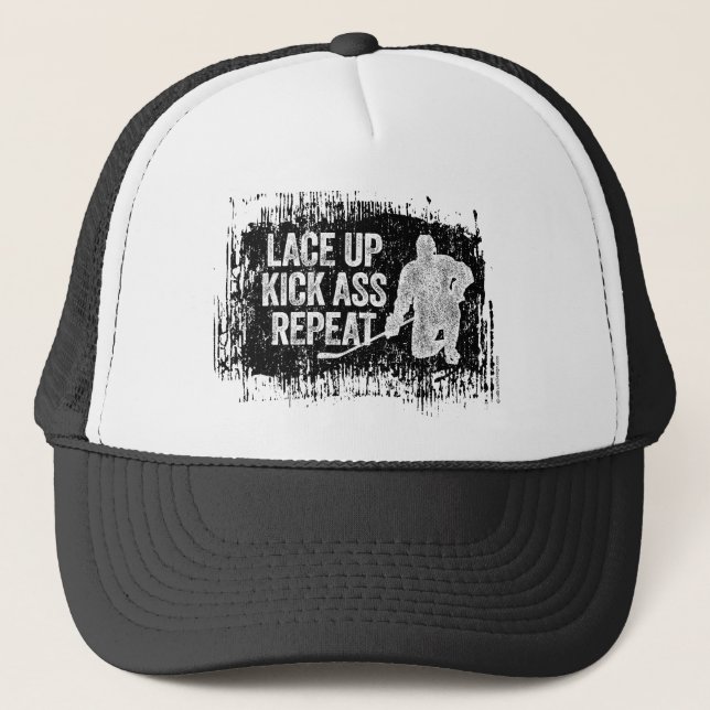Lace Up. Repeat. (hockey) Trucker Hat (Front)