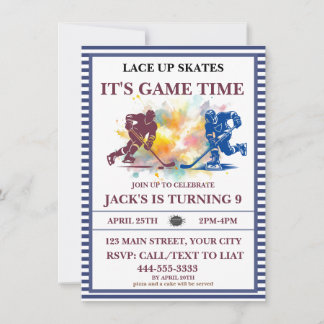 "Lace Up Skates, It's Game Time" Ice Hockey Invitation