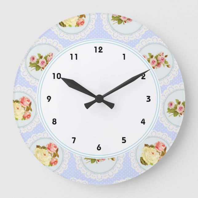 Lace Victorian Floral shabby chic blue wall clock (Front)