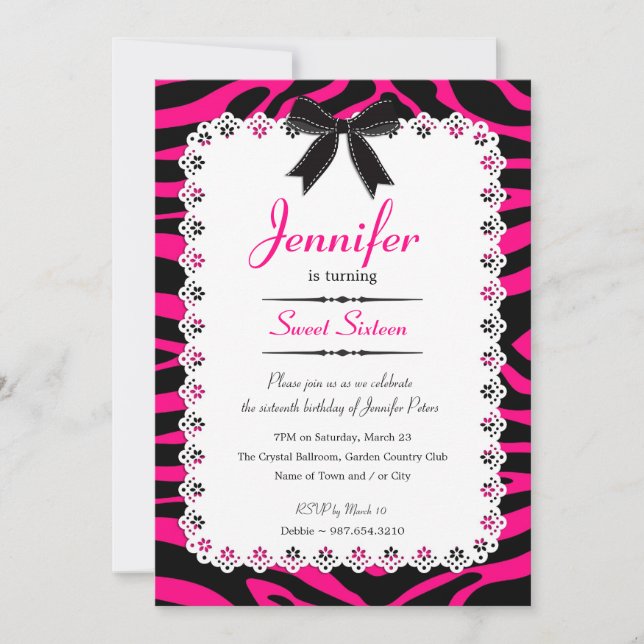 Lace w/ Hot Pink & Black Zebra Stripes Sweet 16 Invitation (Front)