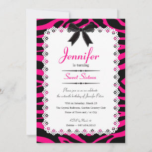 Lace w/ Hot Pink & Black Zebra Stripes Sweet 16 Invitation
