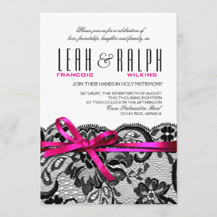 Lace Wedding Bows & Ribbons white black fuschia Invitation