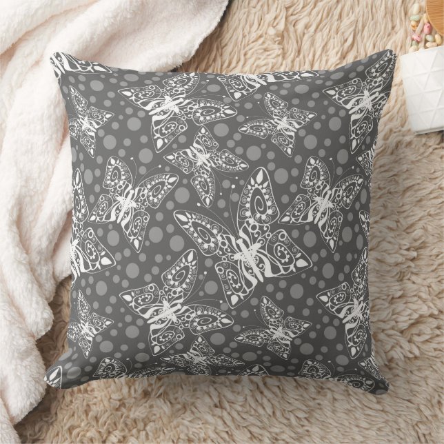 lace white butterflies on a grey polka dot  throw pillow (Blanket)
