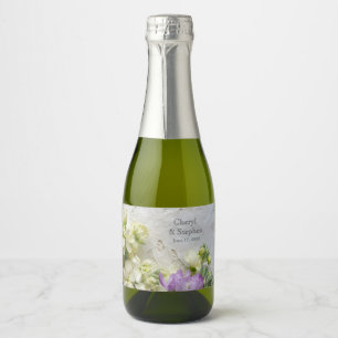 Lace with purple and white flowers sparkling wine label