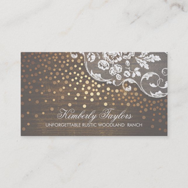 Lace Wood and Gold Confetti Rustic Country Business Card (Front)