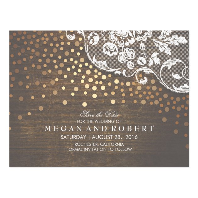 Lace Wood And Gold Confetti Rustic Save The Date Postcard