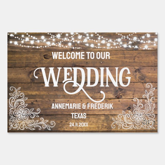 Lace, Wood and Twinkle Lights Wedding Sign (Front)