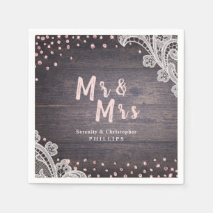 Lace wood blush glitter Mr and Mrs rustic wedding Napkins