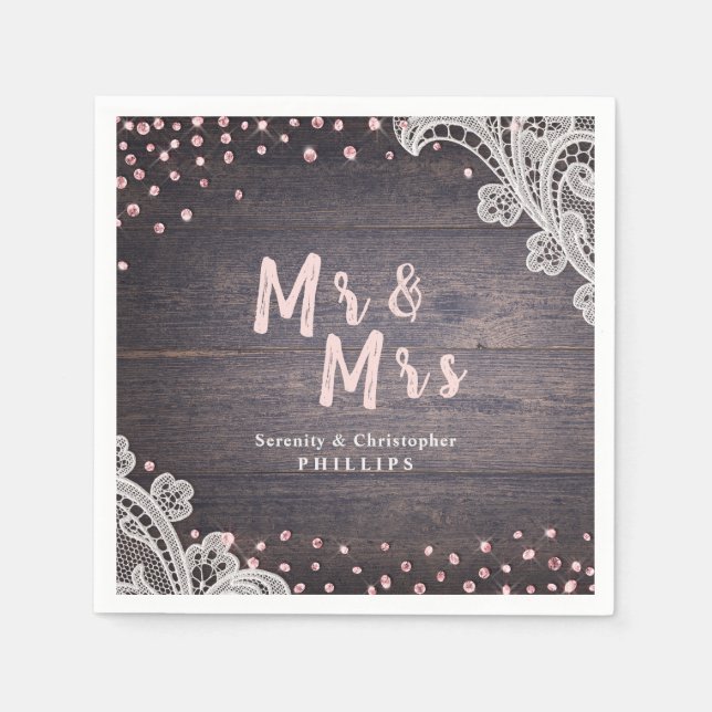 Lace wood blush glitter Mr and Mrs rustic wedding Napkins (Front)