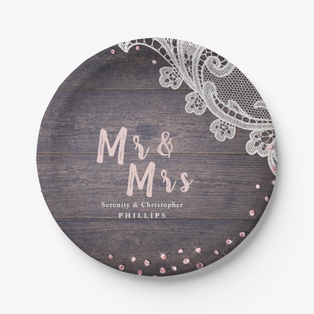 Lace wood blush glitter Mr and Mrs rustic wedding Paper Plates (Front)