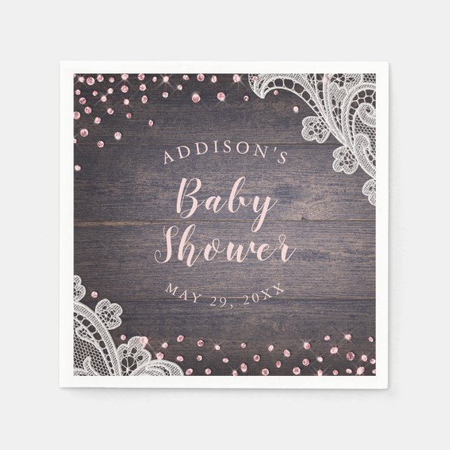 Lace wood blush glitter rustic baby shower napkins (Front)