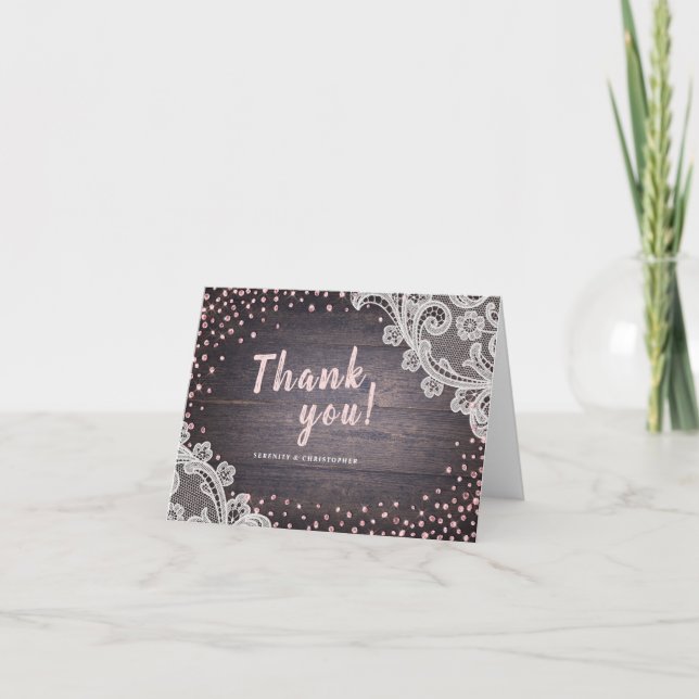 Lace wood blush glitter rustic wedding thank you card (Front)