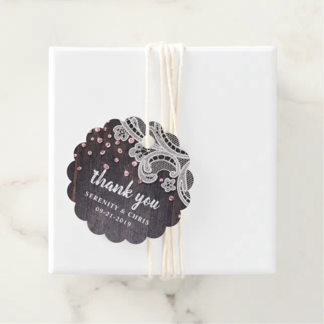 Lace wood blush glitter rustic wedding thank you favor tags | Zazzle