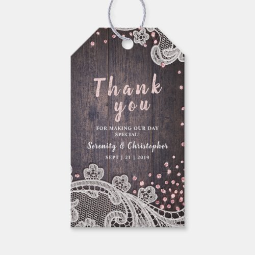 Lace wood blush glitter rustic wedding thank you gift tags