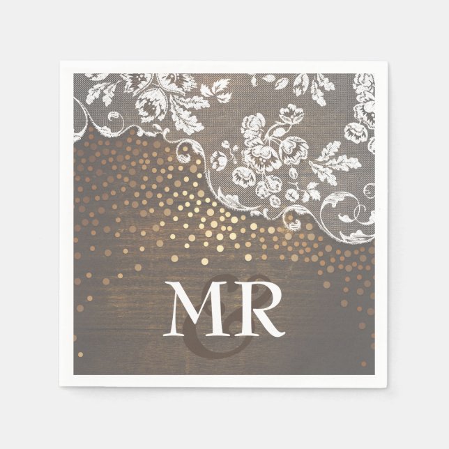 Lace Wood Gold Confetti Rustic Country Paper Napkins (Front)